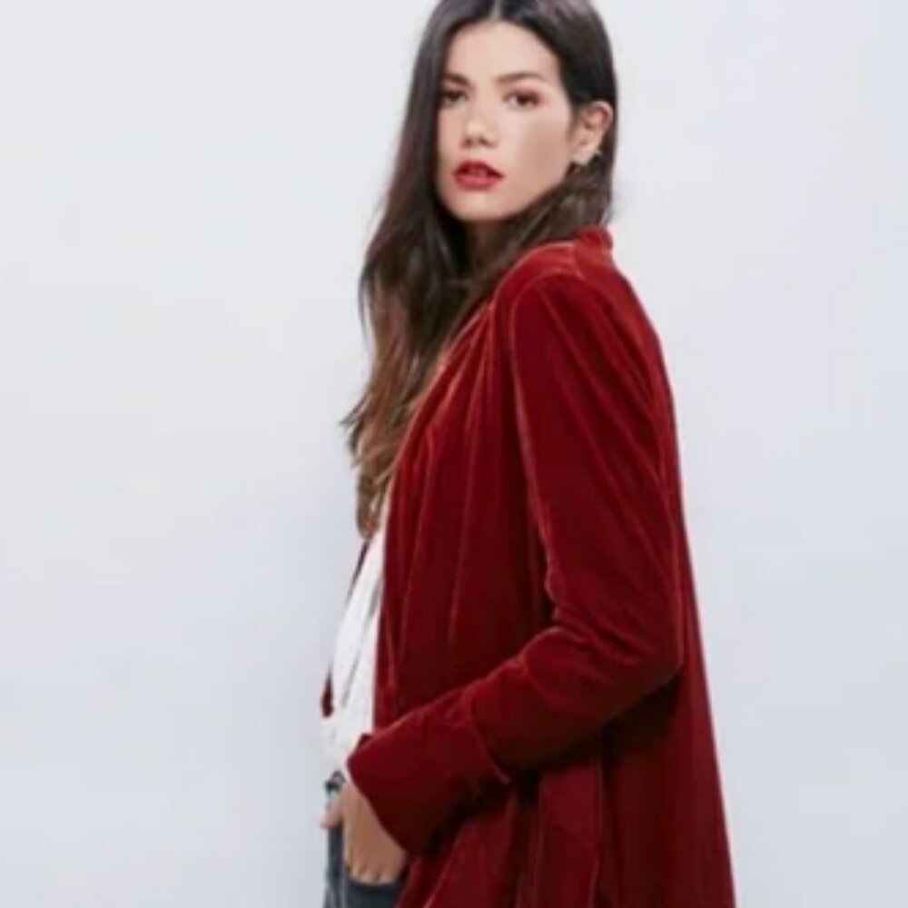 Rare Free People Crushed Velvet Rust Red Swing Coat Duster Jacket Open Front S - Picture 3 of 8